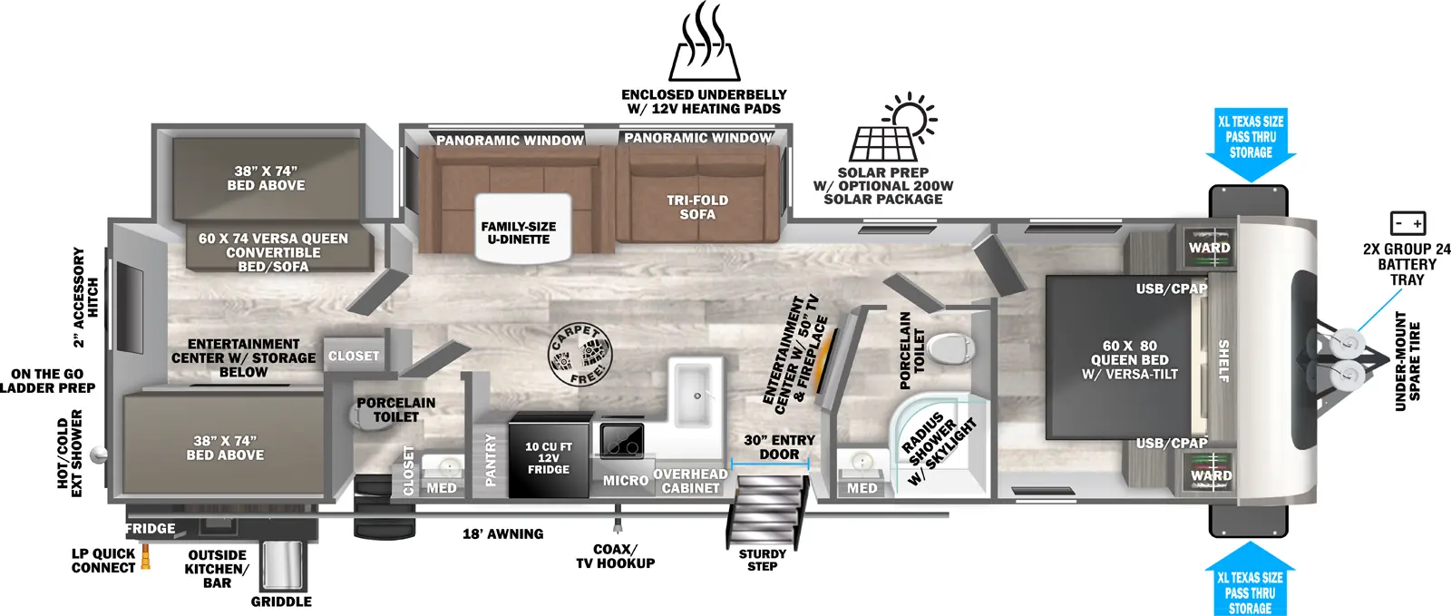 The Hemisphere Travel Trailers 314BUD has two entries and two slide outs. Exterior features include: fiberglass exterior, 18' awning and outside kitchen. Interiors features include: bunk beds, u-dinette and front bedroom.